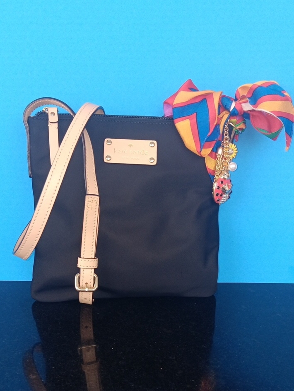 kate spade Black Crossbody with Beige Strap and Multicolor Scarf Charm Size8.5+8